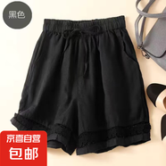 夏季休閑復(fù)古棉麻寬松舒適松緊腰短褲女寬松百搭清涼透氣闊腿褲 黑色 H109 L -建議100-115斤