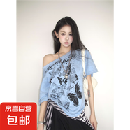 美式甜酷蝴蝶印花露肩短袖T恤女夏季寬松斜肩上衣半袖 藍色 S