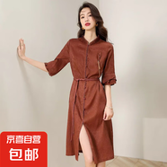 斑馬故事品質(zhì)桑蠶絲連衣裙國風(fēng)紅云紗真絲高級感氣質(zhì)連衣裙 紅棕色 M