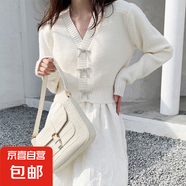 2025年秋新款紅色毛衣女設計感小眾蝴蝶結(jié)針織衫寬松短款V領外套 白色 均碼