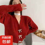 2025年秋新款紅色毛衣女設計感小眾蝴蝶結(jié)針織衫寬松短款V領外套 紅色 均碼