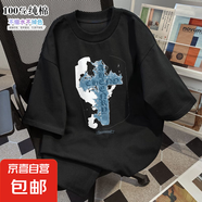 純棉短袖T恤男士潮牌印花人物字母圖案夏季寬松上衣ZYFS 黑色 A-5758【100%純棉】 XL 【125-140】