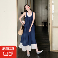 藍(lán)色格子無袖連衣裙法式文藝風(fēng)森系復(fù)古小清新度假吊帶背心長裙 藍(lán)色格子裙 M 【建議100-110斤】