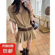 高級(jí)感修身收腰顯瘦翻領(lǐng)短袖襯衫連衣裙女夏季復(fù)古氣質(zhì)百褶裙短裙 卡其色連衣裙送卡其腰帶 XL 【建議120-130斤】