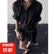 高級(jí)感修身收腰顯瘦翻領(lǐng)短袖襯衫連衣裙女夏季復(fù)古氣質(zhì)百褶裙短裙 黑色連衣裙送黑色腰帶 XL 【建議120-130斤】