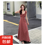 法式復(fù)古紅格紋無袖連衣裙女夏季收腰顯瘦一字肩格子長裙子A字裙 紅格子連衣裙 M 【建議100-110斤】