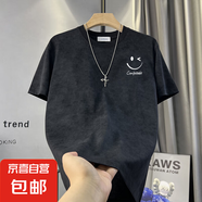 2025新款扎染做舊潮流短袖t恤男士歐貨修身潮牌夏季男款男裝DHGJ 黑色 XL