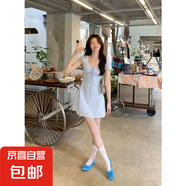 設(shè)計(jì)感藍(lán)色系帶短袖連衣裙女夏季小眾蕾絲花邊A字裙收腰顯瘦長(zhǎng)裙 196短裙 2XL 【建議130-140斤】