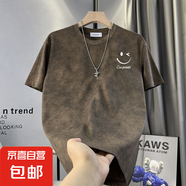 2025新款扎染做舊潮流短袖t恤男士歐貨修身潮牌夏季男款男裝DHGJ 咖色 2XL