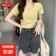 短袖T恤女夏季不規(guī)則V領(lǐng)胖mm顯瘦正肩短款魚骨上衣打底KJY#A018# A011#檸檬黃（V領(lǐng)純色） XL 【110-120斤】