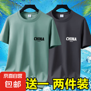 2025夏季冰絲男士短袖t恤休閑百搭大碼男裝半袖印花體恤打底衫-SL 短袖CHINA-豆綠+深灰 M 碼【70-90斤】