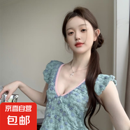 2025夏季設計感小眾法式荷葉邊V領碎花吊帶背心女外穿顯 蘭色 均碼