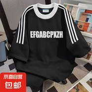 純棉美式街頭短袖女夏季新款日系潮牌寬松t恤三條杠爆款半袖上衣 黑色 M