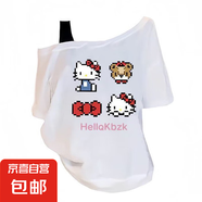 斜肩KT貓短袖t恤女2025新款夏季寬松休閑學(xué)生網(wǎng)紅風韓系露肩上衣 白色-斜肩像素KT貓 M