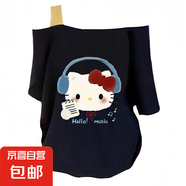 斜肩KT貓短袖t恤女2025新款夏季寬松休閑學(xué)生網(wǎng)紅風(fēng)韓系露肩上衣 藏青色-斜肩耳機(jī)KT貓 2XL