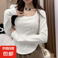 女裝新款長袖T恤衫女春秋冬短款打底衫辣妹修身魚骨方領(lǐng)上衣ZHFS 白色【加絨加厚】 L