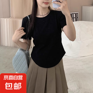 短袖T恤女夏季不規(guī)則V領(lǐng)胖mm顯瘦正肩短款魚骨上衣打底KJY#A018# A007#黑色（圓領(lǐng)魚骨） L 【97-109斤】