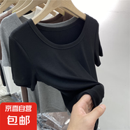 莫代爾螺紋大領口短袖t恤女夏季2025新款修身彈力體恤正肩上衣886 黑色 莫代爾螺紋棉 XL 建議115-125斤