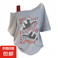 斜肩KT貓短袖t恤女2025新款夏季寬松休閑學(xué)生網(wǎng)紅風(fēng)韓系露肩上衣 灰色-斜肩雙手字母 L