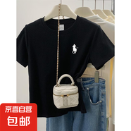 【100%純棉】正肩短袖t恤女裝新款夏季ins時尚百搭洋氣減齡上衣潮 黑色-左胸騎馬人物 XL （建議115-120斤）
