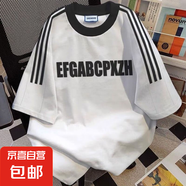純棉美式街頭短袖女夏季新款日系潮牌寬松t恤三條杠爆款半袖上衣 白色 L