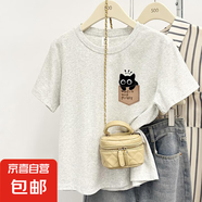 【100%純棉】正肩短袖t恤女裝新款夏季ins時尚百搭洋氣減齡上衣潮 白灰色-左胸口袋黑貓 M （建議85-105斤）