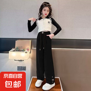春秋季2024女童燈芯絨中大童韓版褲子新款高腰秋款女童闊腿褲子 BBE-A41【黑色雙鈕燈芯絨單褲】 160