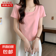 短袖T恤女夏季不規則V領(lǐng)胖mm顯瘦正肩短款魚(yú)骨上衣打底KJY#A018# A009#粉色（方領(lǐng)魚(yú)骨） L 【97-109斤】