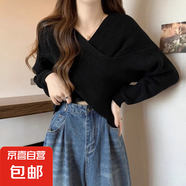 針織衫女韓版慵懶風(fēng)寬松交疊式不規(guī)則V領(lǐng)毛衣上衣打底衫 HMZZ2841 黑色 S