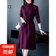 半高領(lǐng)針織連衣裙女秋冬新款收腰顯瘦配大衣過膝時(shí)尚毛衣裙ZT73 紫色 XL