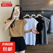 夏季飛飛袖正肩圓領(lǐng)上衣女寬松打底背心T恤無袖落肩袖潮RL#A019# KJY#A019#卡其色 L 【103-117斤】