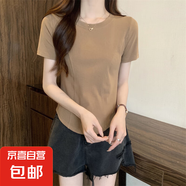 短袖T恤女夏季不規(guī)則V領(lǐng)胖mm顯瘦正肩短款魚(yú)骨上衣打底KJY#A018# A007#卡其色（圓領(lǐng)魚(yú)骨） L 【97-109斤】