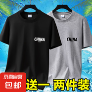 2025夏季冰絲男士短袖t恤休閑百搭大碼男裝半袖印花體恤打底衫-SL 短袖CHINA-黑色+淺灰 M 碼【70-90斤】