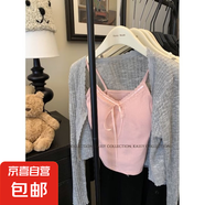 純欲蕾絲花邊抹胸背心女夏季甜辣妹蝴蝶結修身小吊帶短款美背上衣 粉紅-固定杯 均碼 建議體重80-135斤