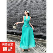 法式掛脖收腰顯瘦v領(lǐng)海邊度假連衣裙性感純欲風(fēng)長(cháng)款感掐腰裙 圖片色 XL 【建議120-130斤】