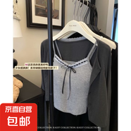 純欲蕾絲花邊抹胸背心女夏季甜辣妹蝴蝶結修身小吊帶短款美背上衣 灰色-固定杯 均碼 建議體重80-135斤