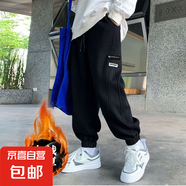 男女童潮流秋冬季戶外休閑褲新款時尚個性加絨中大童長褲 黑色加絨 160