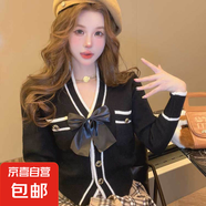 針織衫女小香風(fēng)蝴蝶結(jié)開衫女毛衣女外套女內(nèi)搭打底衫女上衣女 H85 黑色 M