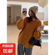 錦裳淑南瓜橘色慵懶感立體麻花粗線絞花毛衣女秋冬卷邊設(shè)計(jì)厚毛衫 南瓜橘色 2XL