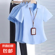 2025夏季V領(lǐng)白襯衫女通勤修身職業(yè)工裝保險(xiǎn)房產(chǎn)銷售免燙短袖襯衣 6213藍(lán)色【v領(lǐng)】短袖 4XL 推薦【140-150斤】