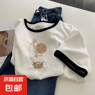 短袖t恤女夏季新款時尚美式復(fù)古印花撞色圓領(lǐng)上衣爆款通勤體恤CY 67款黑領(lǐng)【高品質(zhì)】 S  建議75-90斤