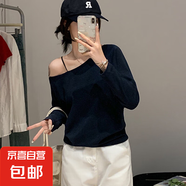 藏藍色性感斜肩長(cháng)袖春秋冬季T恤女露肩慵懶風(fēng)寬松一字肩上衣潮YRL K704#藏藍色 M 【110-125斤】