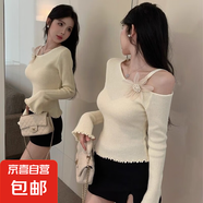 韓系不規(guī)則斜領(lǐng)立體花朵針織衫女溫柔氣質(zhì)露肩木耳邊百搭顯瘦毛衣 223杏色 均碼