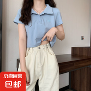 棉上衣新款設計感小眾t恤女短款上衣夏季刺繡短款短袖Polo領跨境 天藍 M