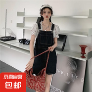 延芮洋氣減齡牛仔背帶褲女夏季新款韓版寬松日系小個子吊帶連體短 黑色 BTN/Y010 XL 【115-125斤】