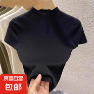 半高領(lǐng)針織衫女夏季新款洋氣修身顯瘦正肩冰絲短袖T恤上衣BYNT 黑色 S