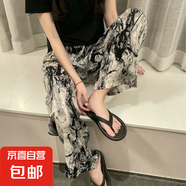 2025年新款棉綢睡褲女春秋季新中式家居褲可外穿媽媽款長(zhǎng)褲夏薄款 水墨畫 M （建議80-110斤）