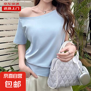 斜肩露肩t恤女短袖夏季新款寬松顯瘦遮肉一字肩辣妹上衣YRL#K004# K004#藍(lán)色 M 【110-125斤】