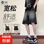 NASA BASE美式復(fù)古水洗直筒牛仔短褲男潮牌寬松闊腿大碼五分褲子 JYF-H20黑灰 L