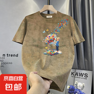 2025新款扎染做舊潮流短袖t恤男士歐貨休閑夏季男款男裝體恤DHGJ 卡其色 2XL